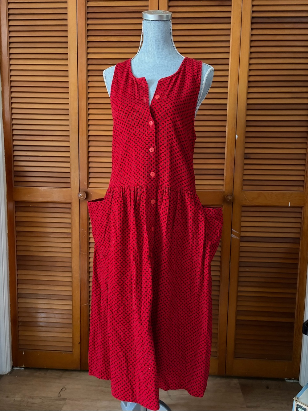 Vintage Red Bandana Corduroy Button-Front Maxi Western Cowboy Dress with Pocket